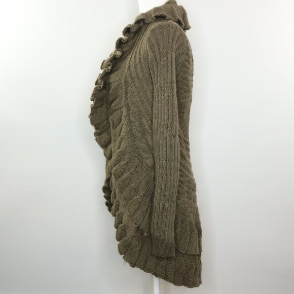 John Fashion Cardigan Sweater Open Front Draped Ruffles Knit Green Brown - Picture 3 of 11